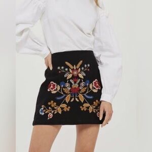 Topshop MOTO Denim Black Skirt with Floral embroidery